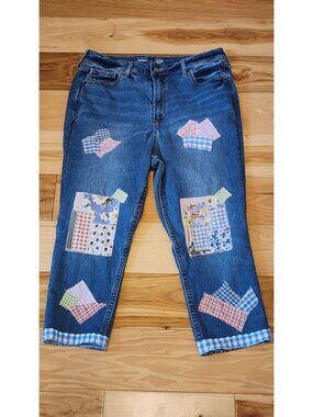 Upcycled patched stitched denim capri pants